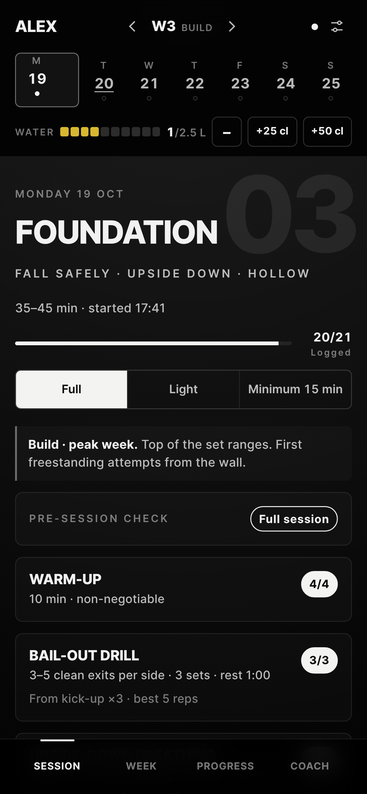 Kajyn Balance app — today's session